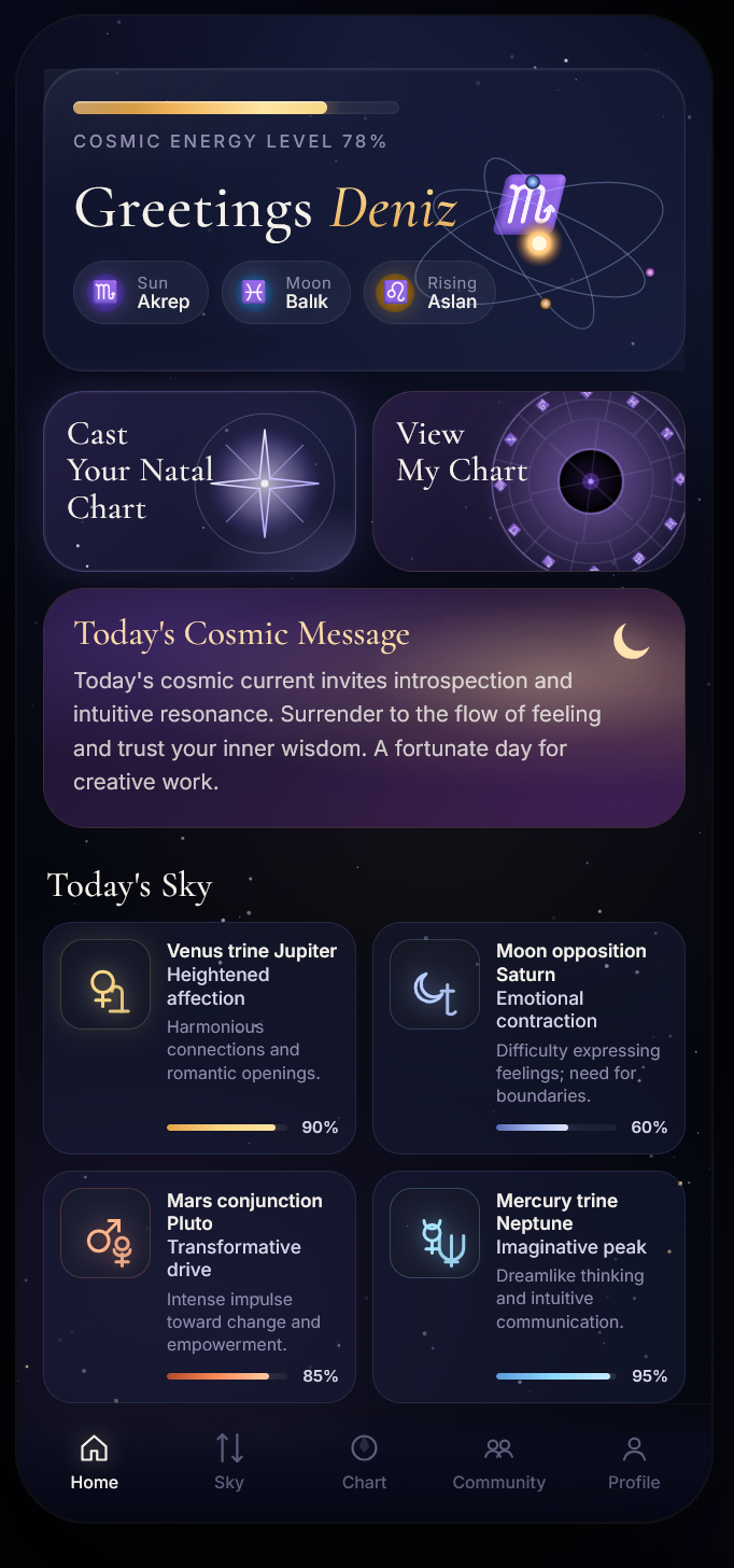 Cosmira Date app showing compatibility insights, zodiac matching, and daily relationship guidance